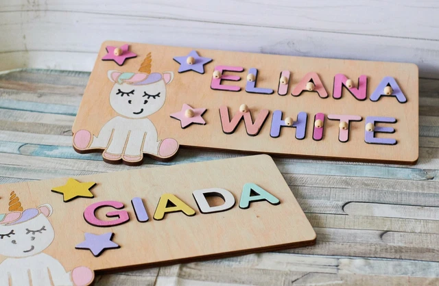 Wooden Baby Toys Personalized Baby name puzzle with pegs Unicorn Nursery