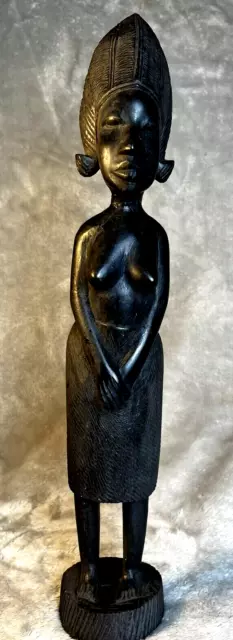 15" Tall African Woman Ebony wood Statue Hand Carved Makonde Tribe