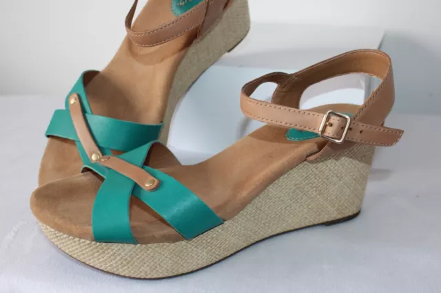 Clarks 'Caslyn Regina' Women's Wedge Leather Sandals Tan / Teal Size UK 6.5 D