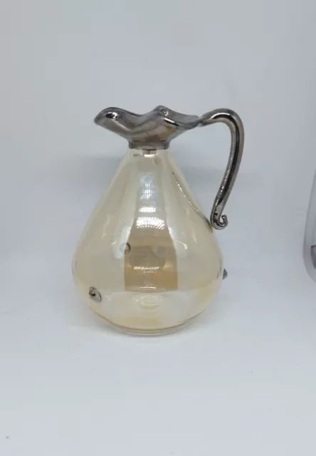 Vintage glass small  slightly iridescent beige  jug silver tone spout &handle