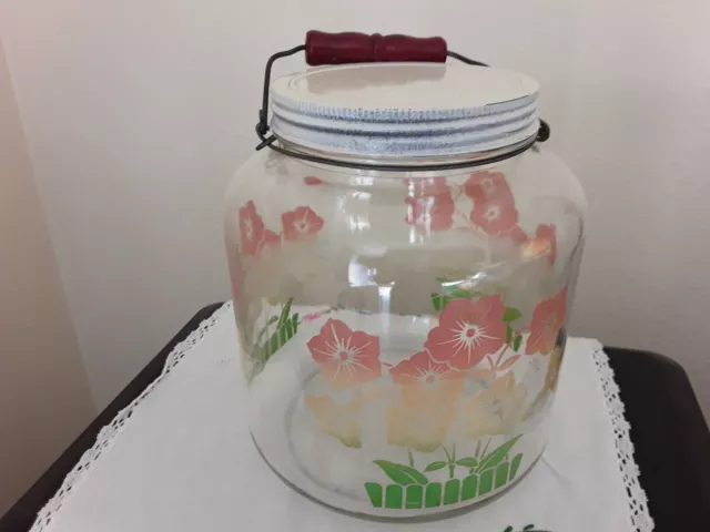 Antique Hoosier-Style Glass Jar Wood Handle Metal Lid Morning Glory One Gallon