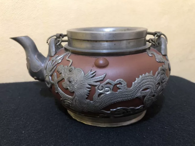 Antique Chinese Zisha Teapot With Dragon Pewter Pattern Signed