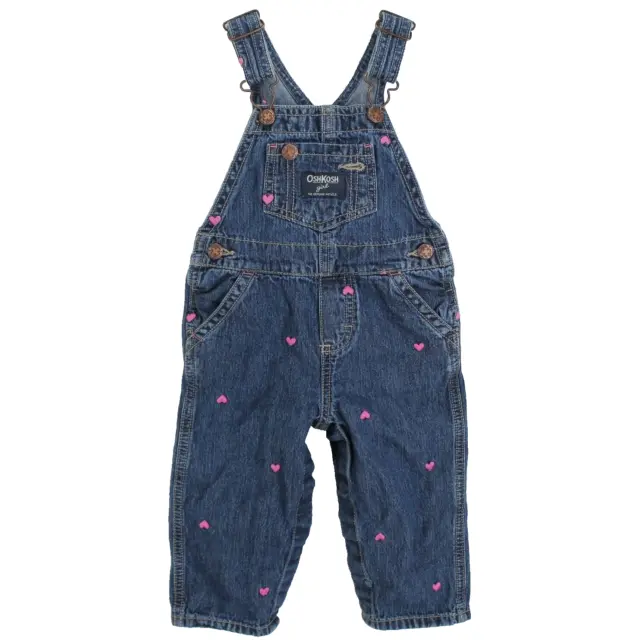 Oshkosh BGosh Bib Overalls Girls Sz 12 Months Blue Denim Pink Embroidered Hearts