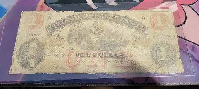 1862 $1 Obsolete One Dollar Commonwealth Of Virginia Treasury Note Richmond Va.