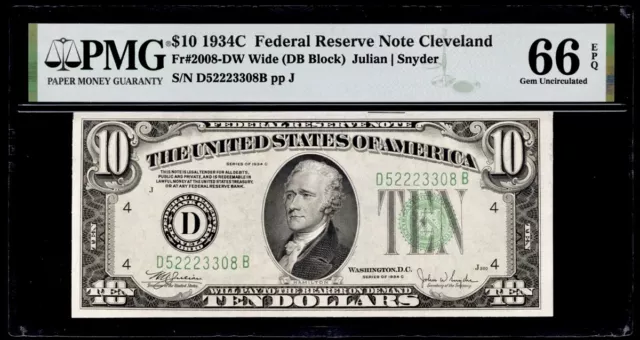 1934C Cleveland Federal Reserve Note Wide $10 Julian/Snyder PMG Gem 66 EPQ