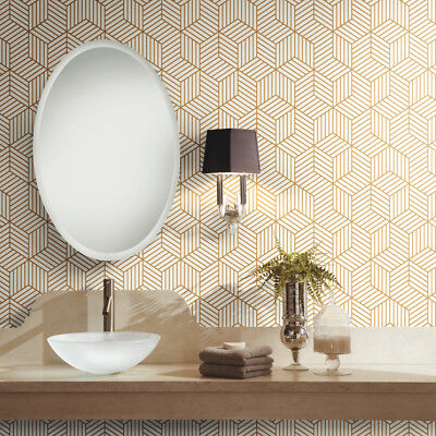 Geometric Stripe Hexagon Peel and Stick White Gold Mid Century Modern Wallpaper