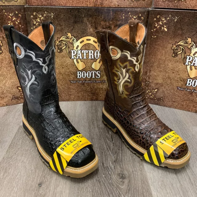 MEN S STEEL TOE Work Boots Alligator Print Brown Black Square Toe