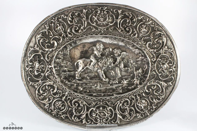 Antique Italian / German Solid Silver Roman Renaissance Eros & Lion Platter 14"