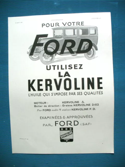 Publicite De Presse Kervoline Huile Pour Votre Ford French Ad 1930