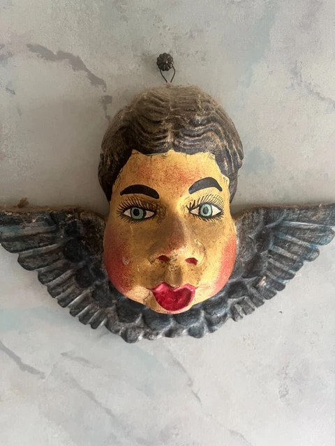 Carved Wooden Cherub | Hand Painted | 7" x 7" | Collectible Wood Carving