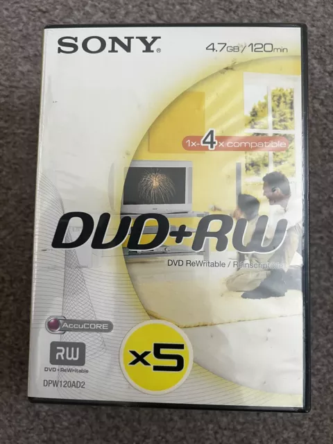 NEW PACK OF 5 SONY DPW120AD2 ACCUCORE DVD-RW REWRITABLE DISCS 4.7GB 120min 1x/4x