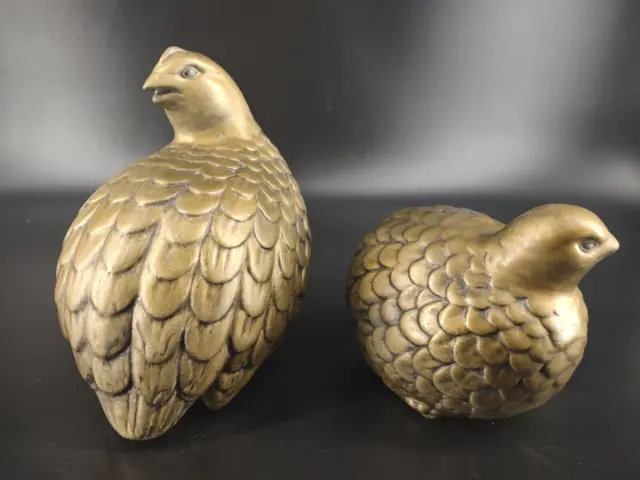 Vintage Pottery Quail Figurine Pair in Bronze Metallic Paint Dated & Signed 1965