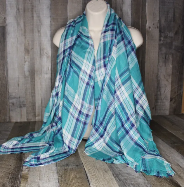 Talbots Oversized Scarf 56" x 56" Square Plaid Fringed Blue Green White Elegant