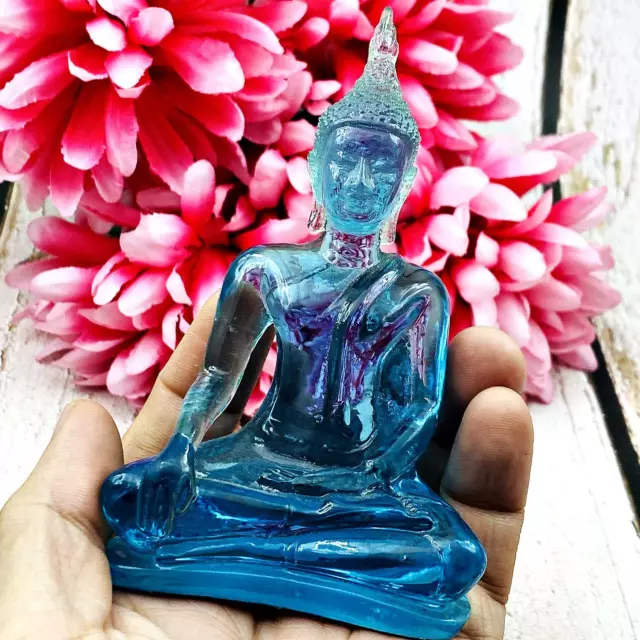 Sit Buddha Statue Colored Peaceful Smiling Magic Blue Decor Art Thai Amulet 0184
