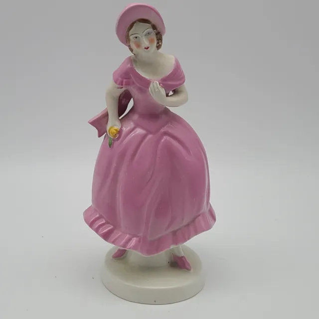 Hinode Porcelain Figure Of A Woman Pink Hat And Gown 7.5"