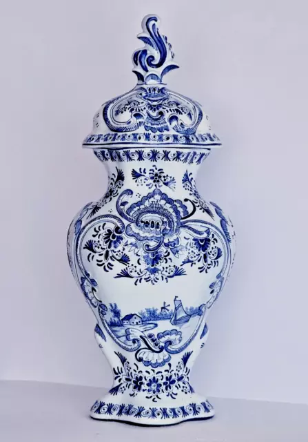 Antique DELFT XL GINGER JAR LIDDED VASE 17.3 INCHES - EMBOSSED ACCENTS RARE