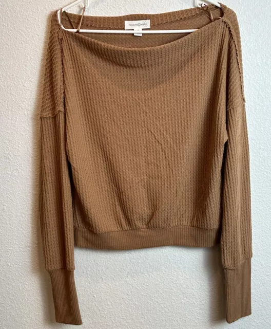 New Treasure & Bond Off Shoulder Thermal Waffle Knit Sweater Women's XS Brown