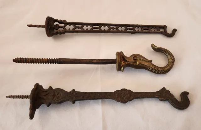 Antique Vintage Ornate Cast Iron Brass Plant Hanger Hooks Decorative (Lot of 3)
