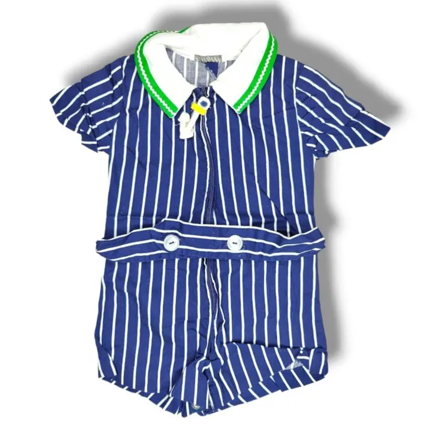 Vintage Fischel Boys Girls Romper Overall Shorts 2T Nautical Navy Blue Striped
