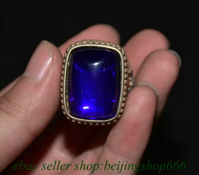 1.4" Old Chinese Enamel Silver Blue Gems Jewelry Round Ring Statue A79