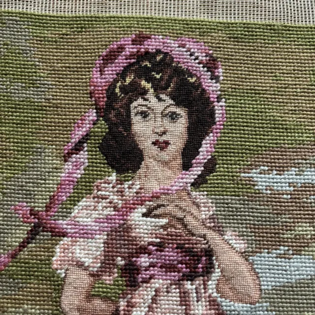 Vintage Completed Petit Point Needlepoint Tapestry Canvas Pink Victorian LADY