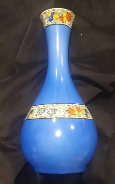 Art Deco English Blue Vase.  20cm H. Fruit & Flowers. Lovely Condition.