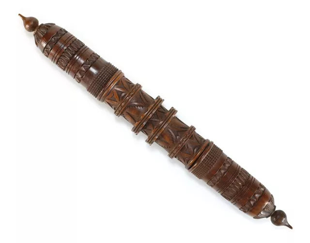 Victorian Hand-Carved Wooden Crochet Needle Sewing Case - 11", Antique 1800s