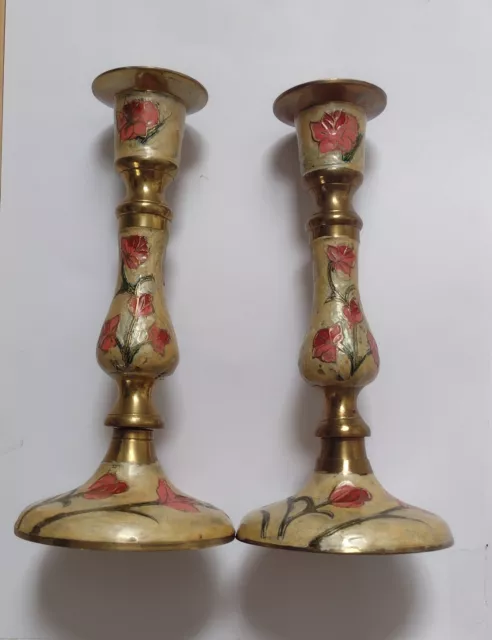 Candle Holder Hand Painted Flower on Brass Arts & Crafts 174mm Antique Org Pair