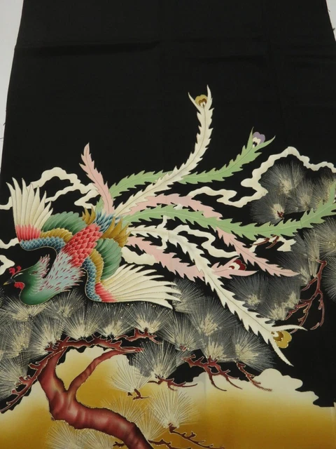 2F02z170 Vintage Japanese Kimono Silk  FABRIC Phoenix Black 49.6"