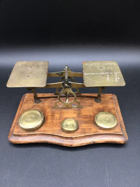 Antique Victorian English Brass & Wood Desktop Postal Postage Scale + 3 Weights