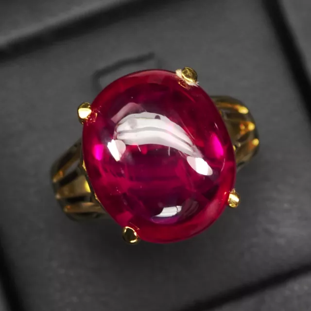 Stunning Vivid Red Ruby Cabochon 17Ct 925 Sterling Silver Handmade Ring Size 8.5