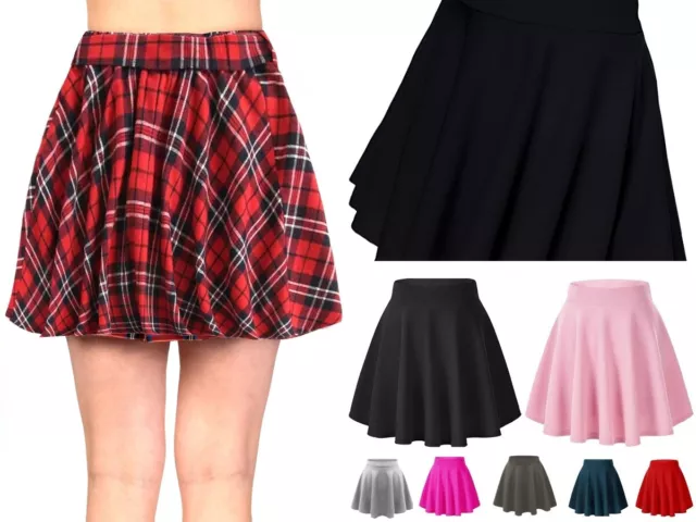 Girls Kids Women Ladies Skater Mini Skirt Flared High Waist Stretch School Skirt