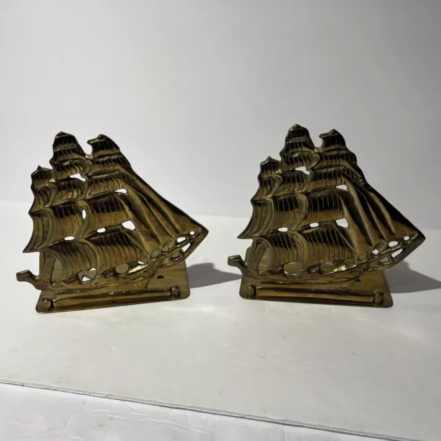 Set Marshall Fields Solid Brass Folding Bookend sailing ships nautical pirates