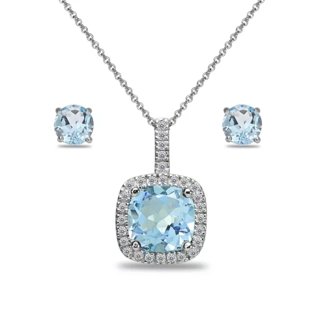 Sterling Silver Blue and White Topaz Cushion-Cut Necklace & Stud Earrings Set