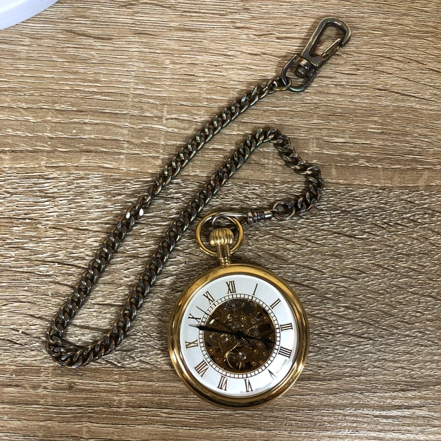 VINTAGE MAJESTRON SKELETON Pocket Watch Gold Tone Cream Dial Manual