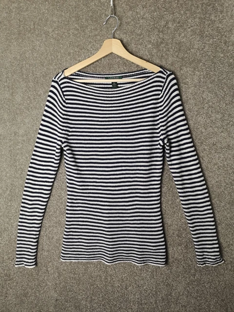 Lauren Ralph Lauren White/Navy Striped Round Neck Cotton Jumper - Women's Large