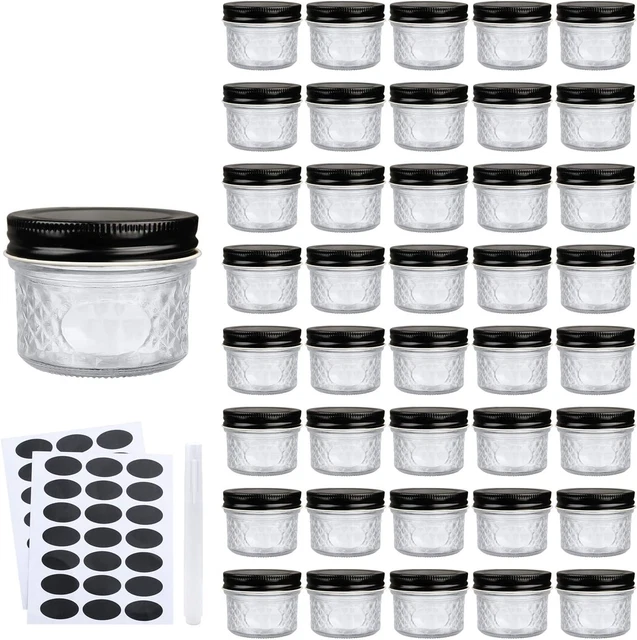 4 Oz Glass Jars with Lids（Black）,Small Clear Canning Jars for Caviar,Herb,Jelly,