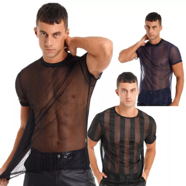 iEFiEL Herren Transparent T-Shirt Kurzarm Mesh Top Netzhemd Glitzer Oberteile