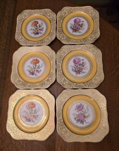 6 Vtg Square Salad Plates Yellow & Gold Dresden PT Tirschenreuth Bavaria Germany