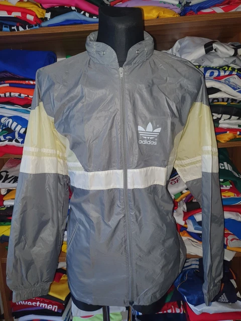 ADIDAS ANNI '90 GIACCA ANTIPIOGGIA VINTAGE TAGLIA 52 L FELPA CON CAPPUCCIO GRIGIA CONFEZIONABILE (u144w)