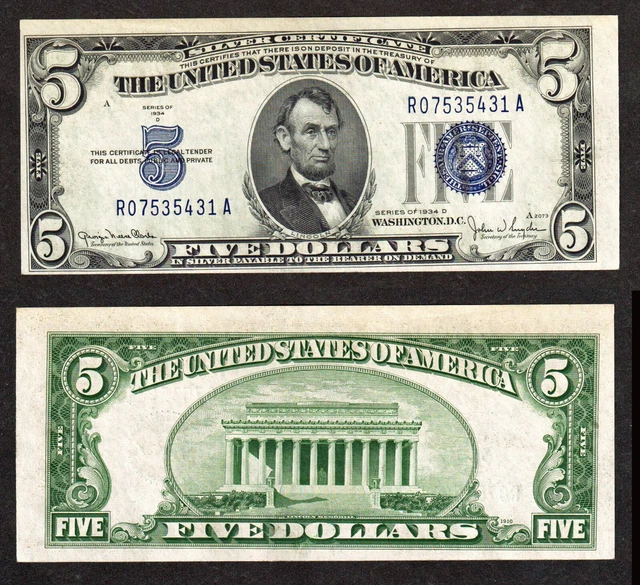 $5 1934-D Silver Certificate Fr. 1654 Gorgeous Blue Seal and SN's Crisp Unc.