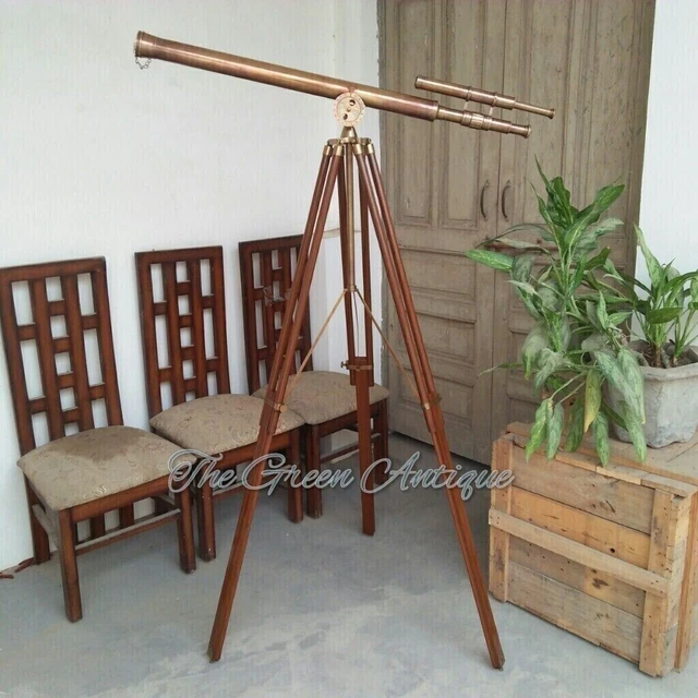 39"Antique Brass Double Barrel Maritime Telescope Brown Wooden Tripod Stand Gift