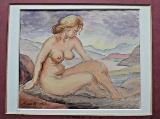 Alice Howes. Small 20th C Watercolour. Nude Female In Landscape