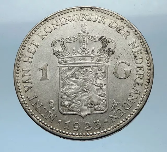 1923 Netherlands Kingdom Queen WILHELMINA 1 Gulden Authentic Silver Coin i68333