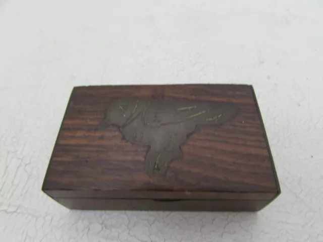 Antique Mahogany & Brass Stamp Box, Trinket Box, Brass Bird Design To Lid