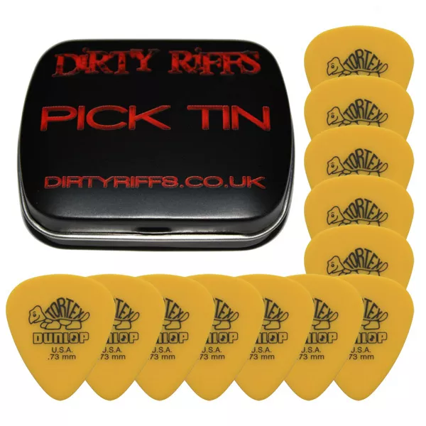 12 x Dunlop Tortex Standard 0.73mm Yellow Guitar Picks In A Handy Pick Tin