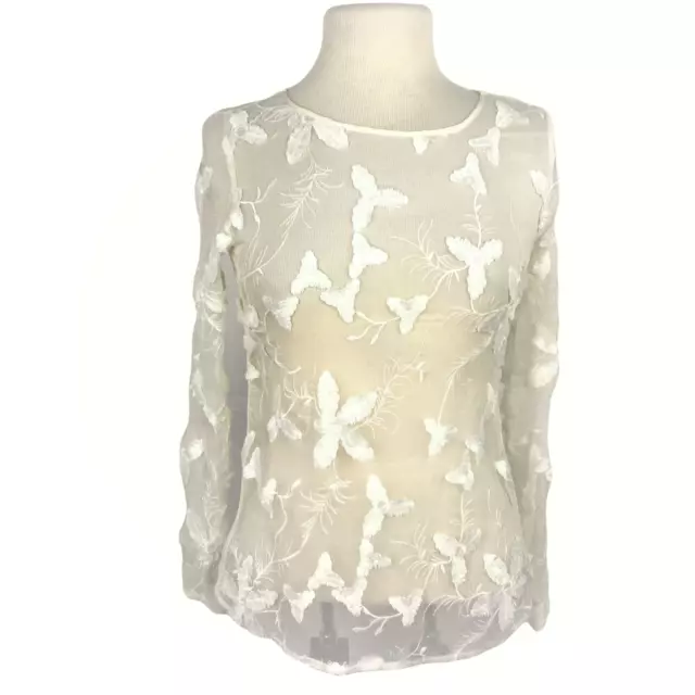 Sundance Womens XS Sheer Silk Top Relaxed Fringe Floral Long Sleeve Ivory