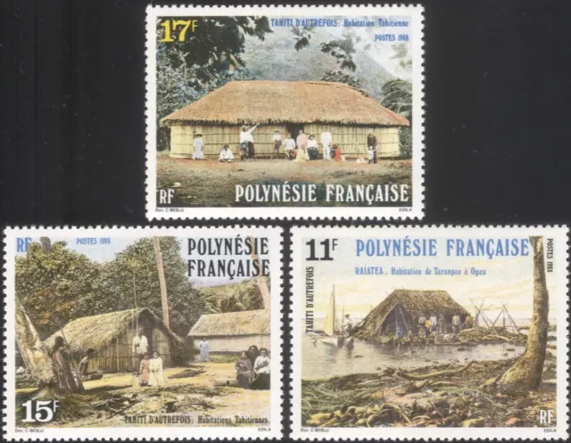 French Polynesia 1988 Huts/Houses/People/Trees/Nature/History 3v set (n45313t)