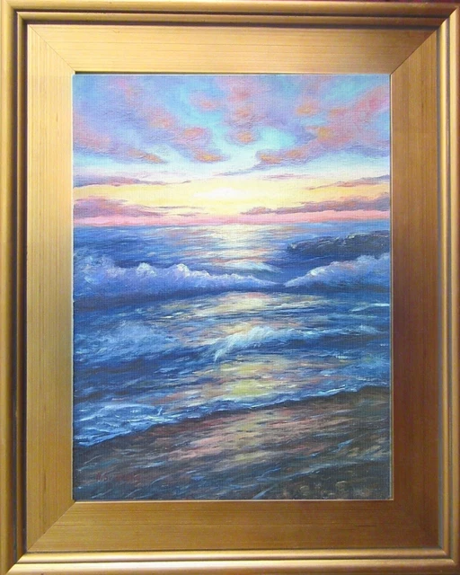 FINE ART ORIGINAL Oil Painting Seaside Seascape Ocean Waves Sunset ...