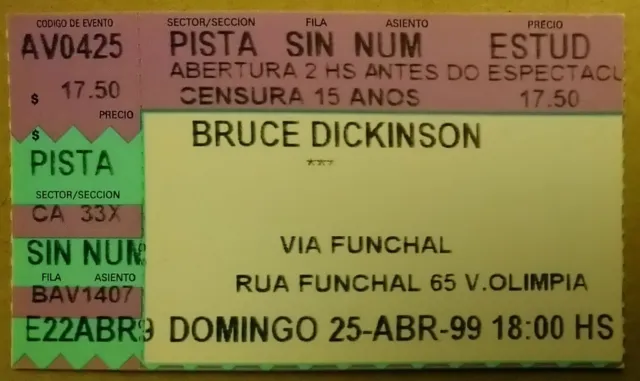 Bruce Dickinson Rare Concert Ticket 1999 Last Solo Show Scream For Me Brazil Cd